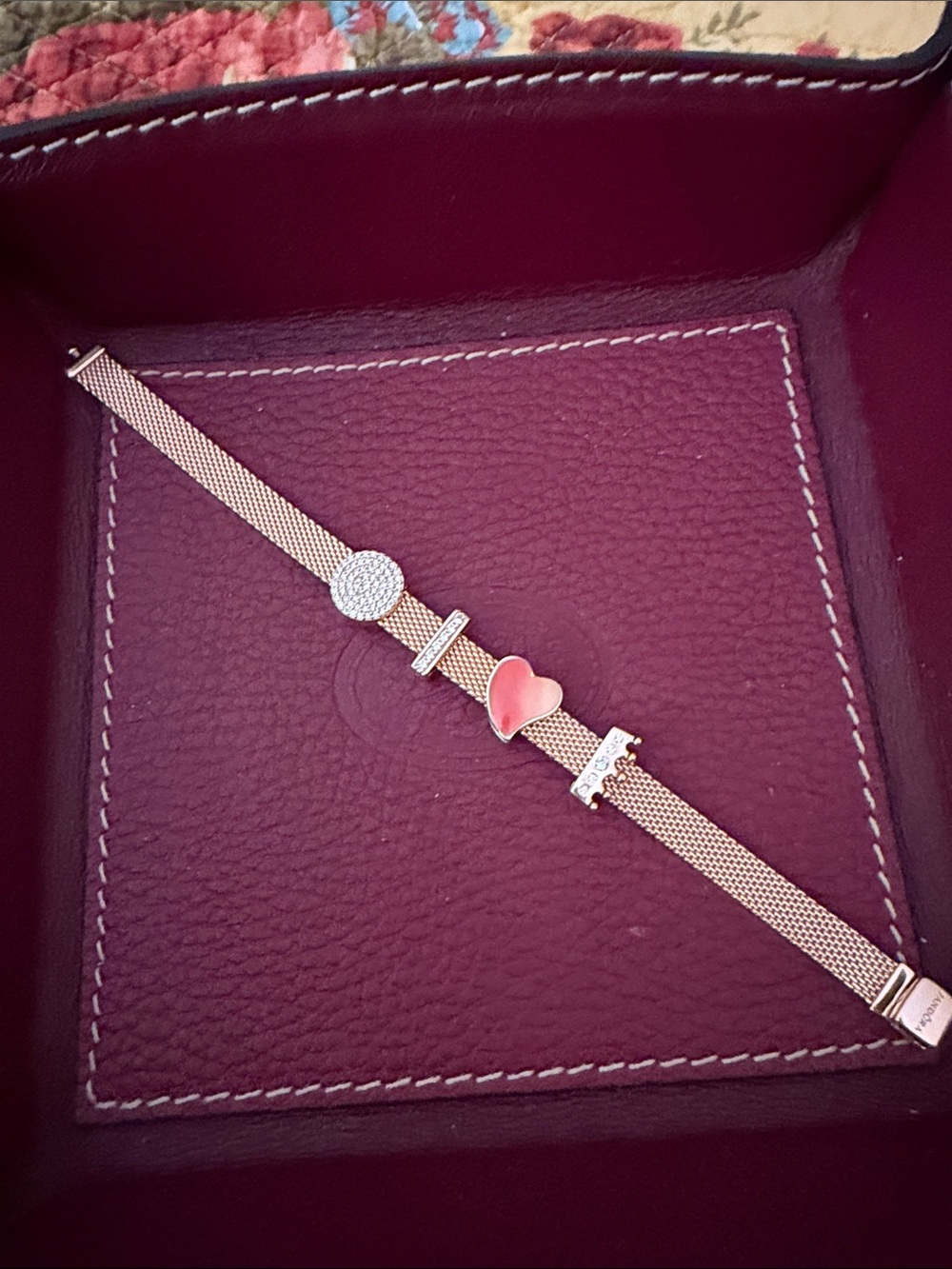 Pandora rose gold over sterling silver clip charm bracelet 
6.5 in